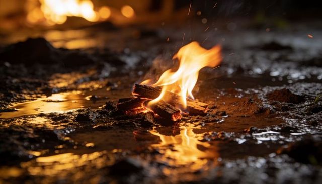 Wet campfire burning small kindling reflecting warm flames in muddy puddles at night