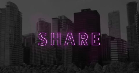 Neon Share Sign Over Cityscape Symbolizing Modern Networking