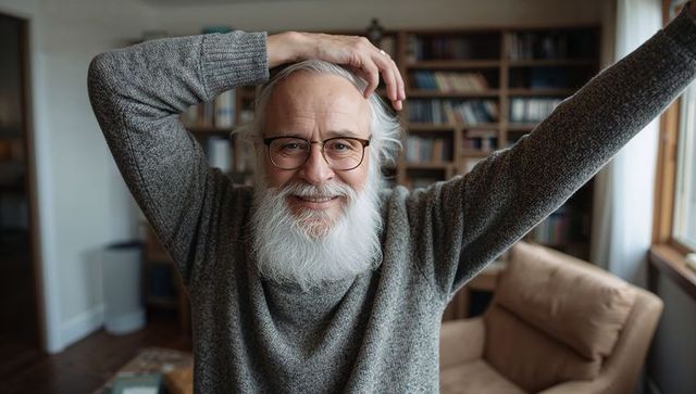 Cheerful senior man with white beard reaching out in cozy home library portrait