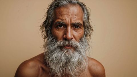 Senior middle eastern man with gray hair and beard looking contemplative