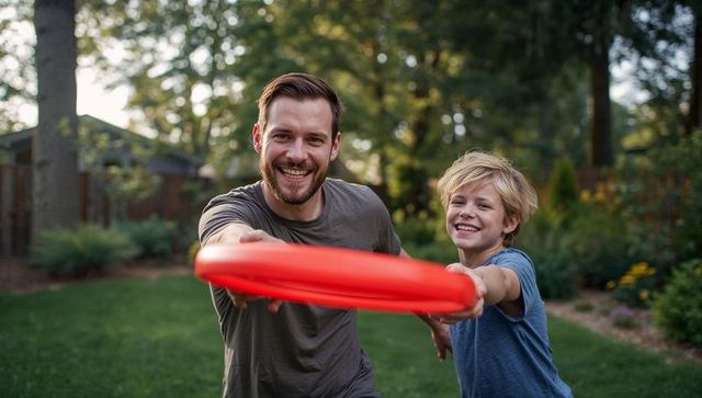 Father and son throwing red frisbee in backyard smiling and playing on sunny lawn