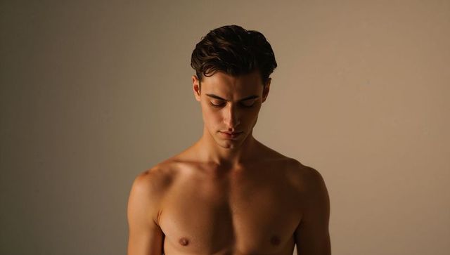 Standing shirtless young man gazing downward with soft warm lighting minimal portrait