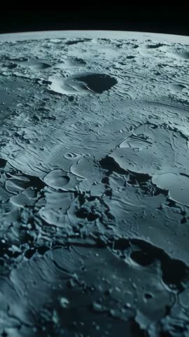 Vertical Lunar Flyover Pulling Back from Low Crater Rim Revealing Moon Limb and Shadows