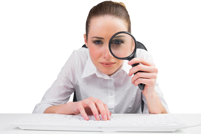 Transparent businesswoman inspecting computer screen with magnifying glass - Download Free Stock Videos Pikwizard.com