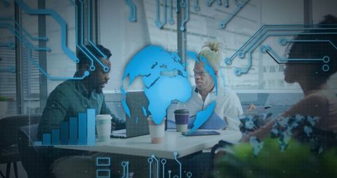 Professionals Collaborating with Digital Analytics Overlay in Office Environment