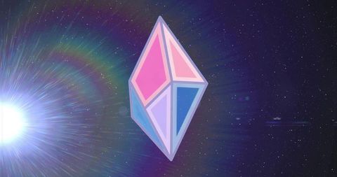 Floating pastel crystal illuminated in cosmic starfield