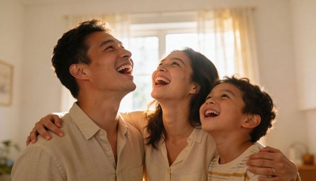 Laughing family by sunlit window, parents and child sharing warm cozy moment