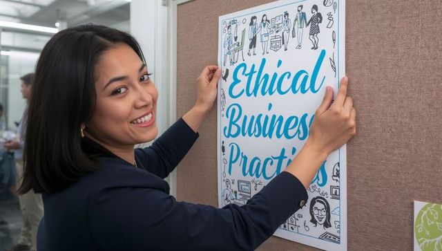 Asian businesswoman securing ethical business practices poster on modern office partition