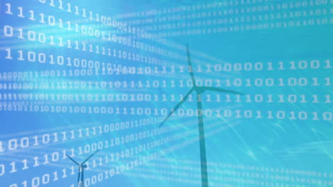 Binary Code Overlay on Wind Turbines for Green Tech