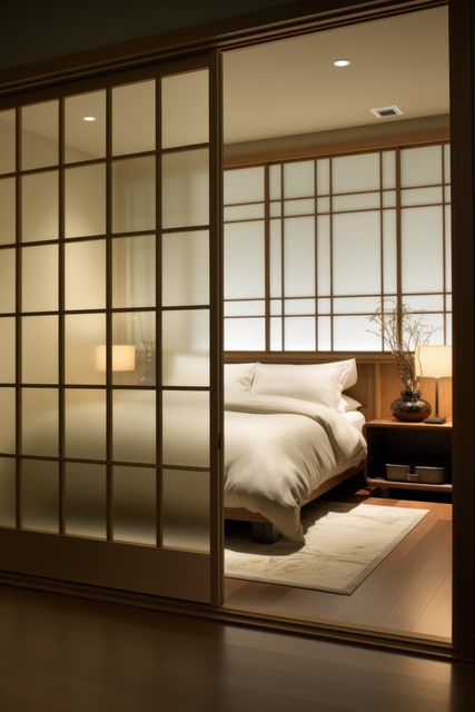 Opened glass tatami door to bedroom, created using generative ai technology. Interior design, japanese style and home decor concept digitally generated image.