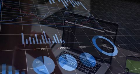 Laptop Dashboard Displaying Blue Data Visualizations Overlaid with Financial Charts and Performance 