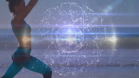 Woman Exercising on Beach with Digital Data Overlay