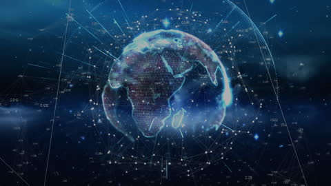 Animated Globe with Digital Connections Over Dark Blue Background
