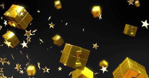 Golden Gifts and Stars on Black Background