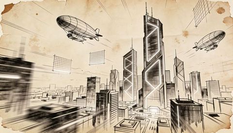 Sepia retrofuturist skyline with twin neon-lit towers, zeppelins and rooftop perspective