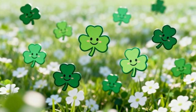 Floating smiling shamrocks drifting over sunlit wildflower meadow