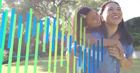 Joyful mother carrying daughter piggyback in sunny backyard with colorful analytics chart overlay