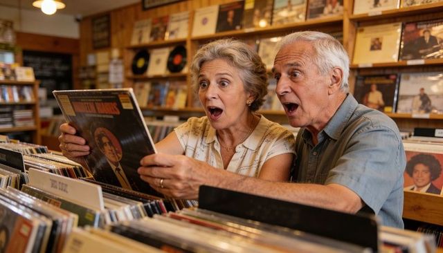 Senior couple discovering classic vinyl treasure in retro record store