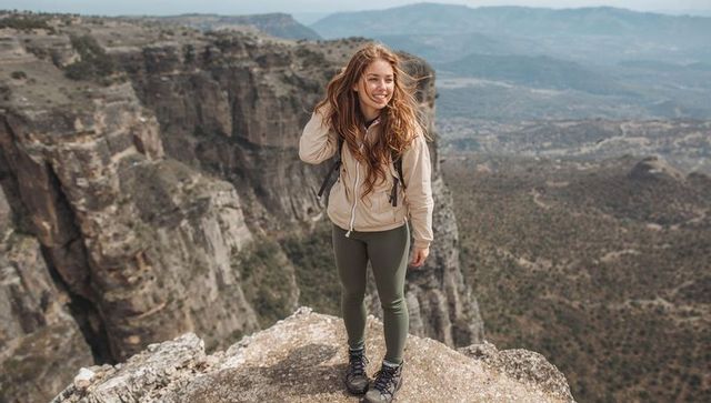 Young woman standing on cliff edge gazing over canyon panorama