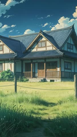 Vertical video of Japanese farmhouse meadow with swaying grass and gentle breeze