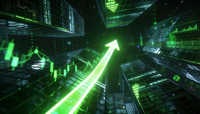 Soaring green arrow rising among glass skyscrapers with candlestick charts