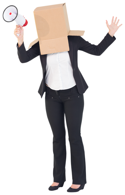 Businesswoman With Cardboard Box On Head Holding Megaphone Transparent Background - Download Free Stock Videos Pikwizard.com