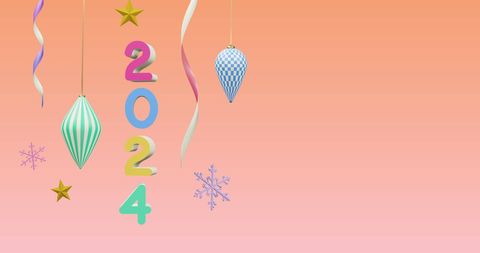 Pastel 2024 with ornaments on pink background celebrating new year