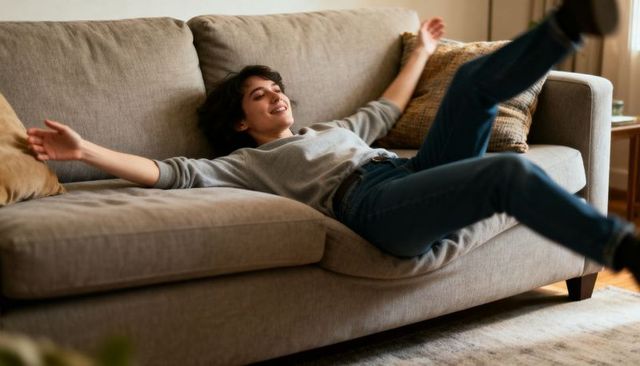 Young woman reclining on beige sofa stretching and relaxing in sunlit cozy living room