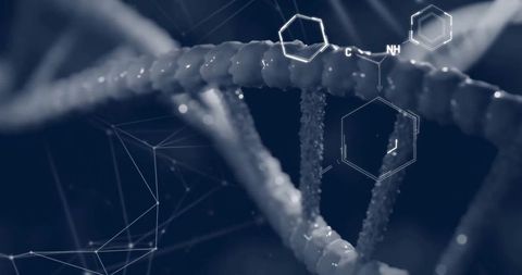 DNA Strand with Network Connections and Molecular Formulas