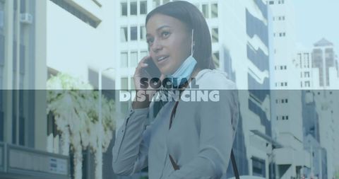 urban woman practicing social distancing with phone and face mask - Download Free Stock Images Pikwizard.com