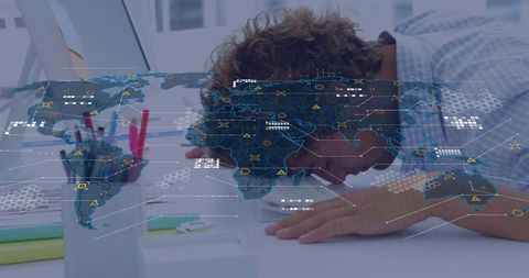 Fatigued Office Worker with World Map Digital Interface Overlay