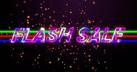 Neon flash sale banner with rgb fringe, luminous chrome typography and sparkles