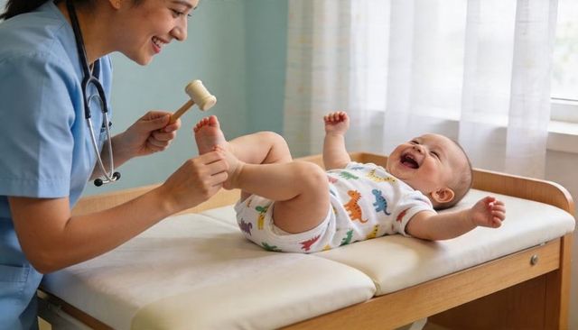 Smiling pediatric nurse examining laughing baby in dinosaur onesie with reflex hammer on table