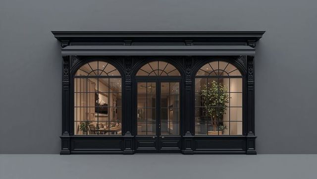 Elegant black cast-iron storefront with arched glazing revealing refined dining space