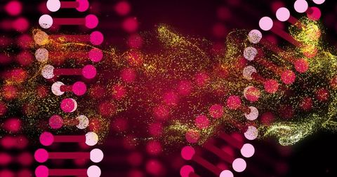 Neon dna helix emitting golden particle cloud with magenta bokeh for futuristic science