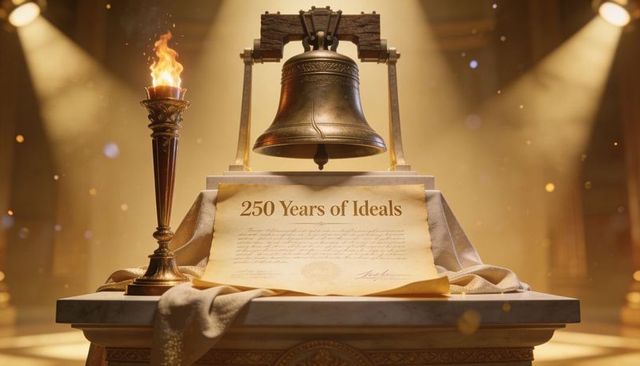 Ceremonial bronze bell and parchment marking 250 years of ideals in grand hall, classical