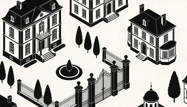 Isometric monochrome gated estate with ornate wrought-iron gate, mansions and fountain