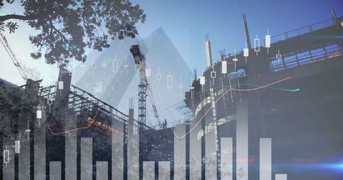 Construction site with financial charts symbolizing industrial growth