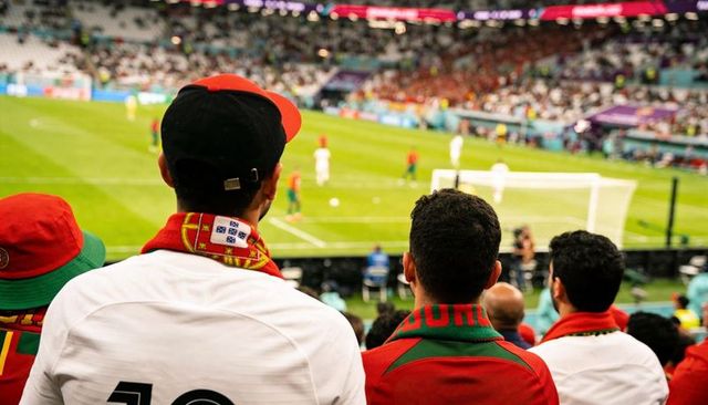 Passionate football fans watching live match in stadium stands wearing scarves and jerseys