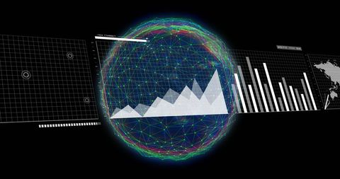 Global data processing with graphs and charts concept