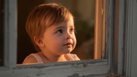 Curious toddler peering out window at dusk, leaning on weathered wooden sill, warm glow