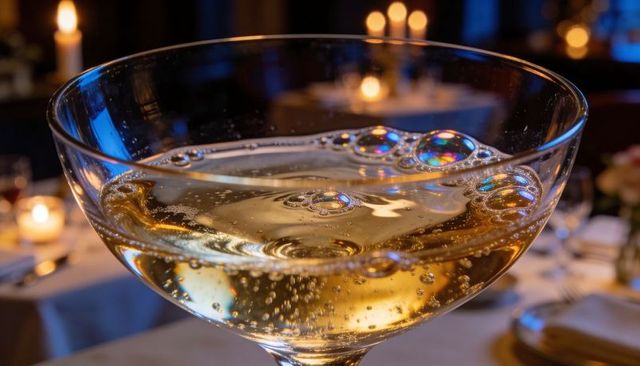 Sparkling champagne bubbling in coupe glass with candlelit bokeh for romantic dinner