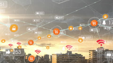 Digital Network of Social Media Icons Over Cityscape