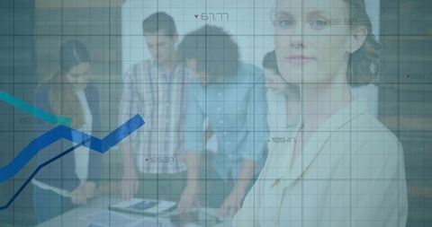 Confident businesswoman leading analytics team with transparent data overlay and growth graphs