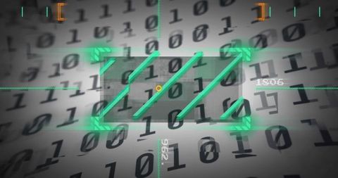 Futuristic neon hud visualizing binary data with central panel and diagonal green slashes