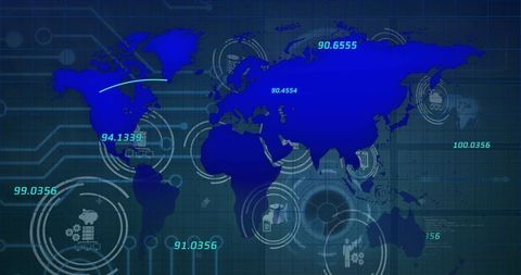Digital World Map with Data and Icons Overlay on Blue Background