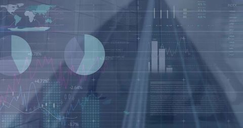 Executive viewing financial analytics dashboard with transparent charts and world map overlay