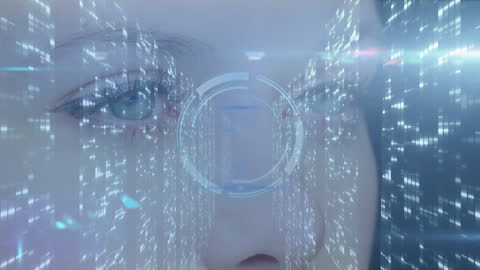 Caucasian Woman with Digital Interface Overlay and Scanning Elements