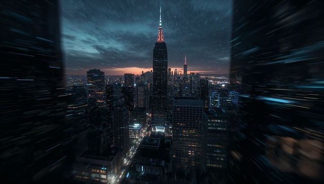 Futuristic cityscape at night with illuminated tower