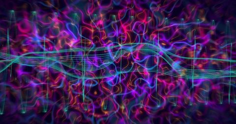 Oscillating teal wave ribbons weaving through neon tendrils with cyan spikes and glow